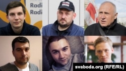 Фигуранты "дела Тихановского" (слева направо): верхний ряд – Игорь Лосик, Сергей Тихановский, Николай Статкевич, нижний ряд – Владимир Цыганович, Артем Саков, Дмитрий Попов 
